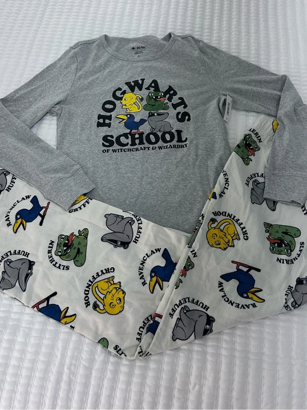 Grey Hogwarts School Pajama Set with Multi-Color House Mascots. Size M. NWT
